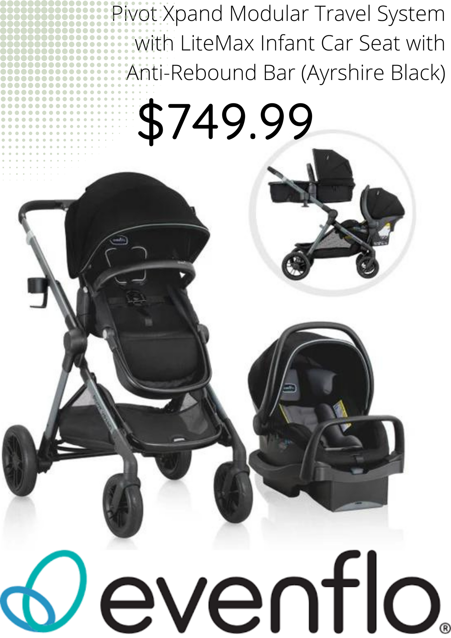EVENFLO Pivot Xpand Modular Travel System with LiteMax Infant Car Seat with Anti-Rebound Bar (Ayrshire Black)