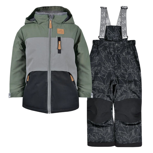 Perlimpinpin - Two Piece Kid Snowsuit - Army Black + Animals