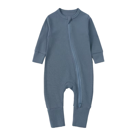 Cyan - Long Sleeve Ribbed Bamboo Sleep + Play Romper