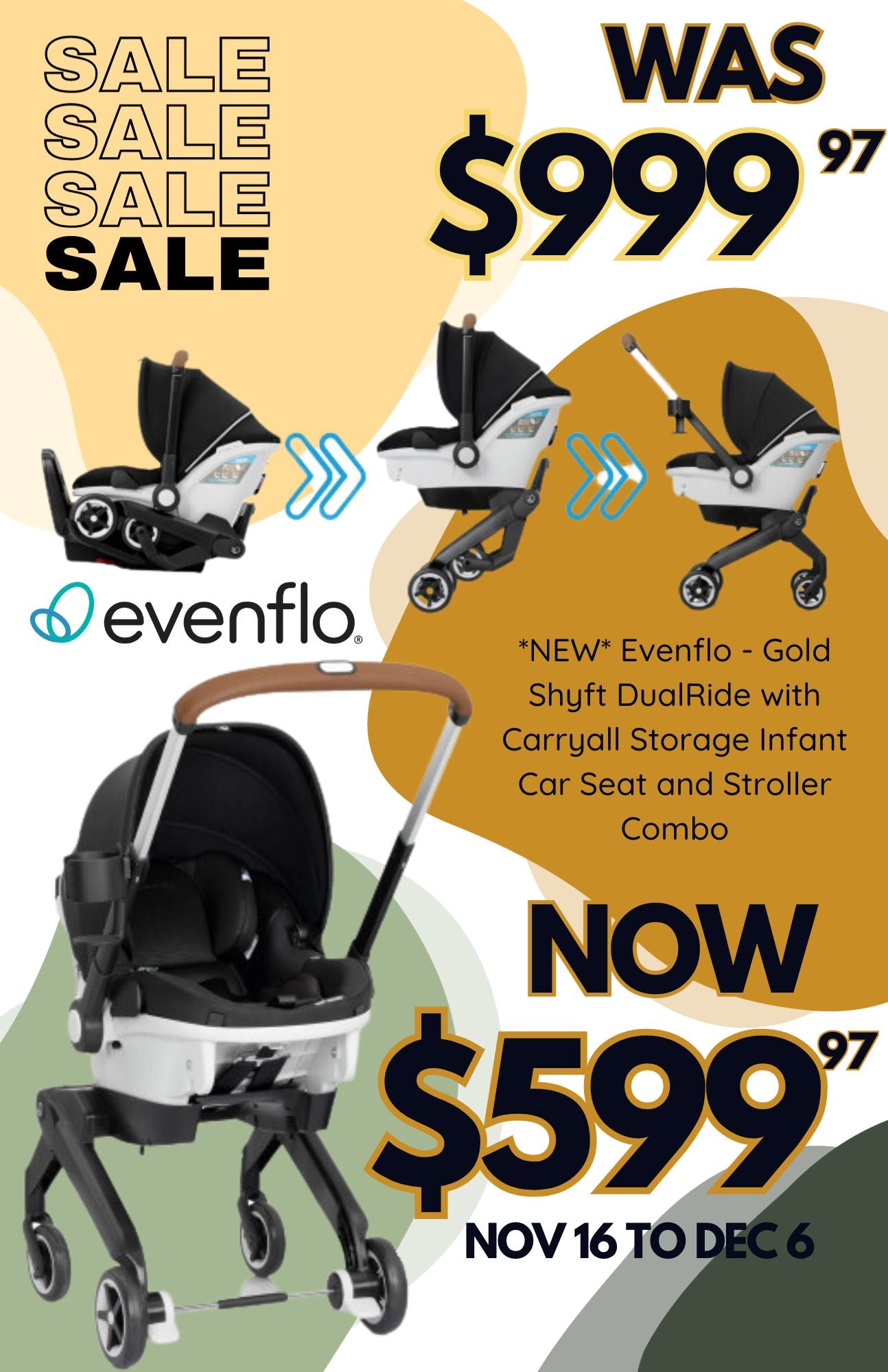 *NEW* Evenflo - Gold Shyft DualRide with Carryall Storage Infant Car Seat and Stroller Combo (Onyx Black)