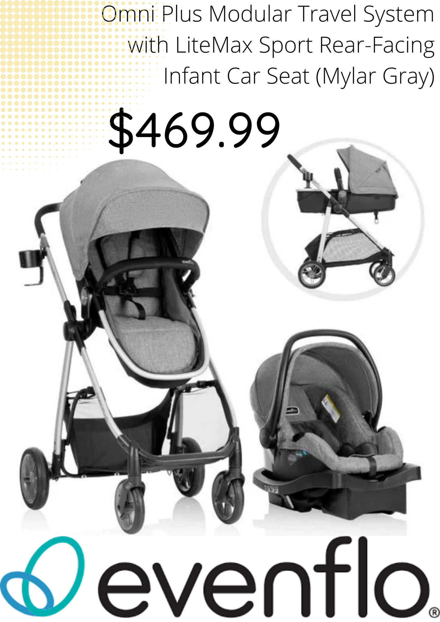 *NEW* Evenflo - Omni Plus Modular Travel System with LiteMax Sport Rear-Facing Infant Car Seat (Mylar Gray)