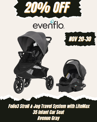 EVENFLO Folio3 Stroll & Jog Travel System with LiteMax 35 Infant Car Seat (Avenue Gray)