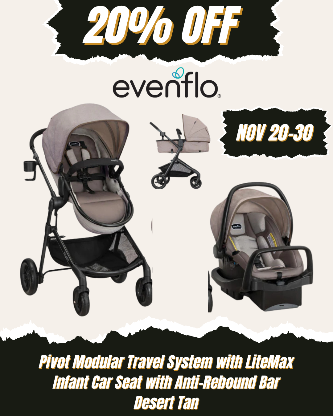 EVENFLO Pivot Modular Travel System with LiteMax Infant Car Seat with Anti-Rebound Bar (DESERT TAN)