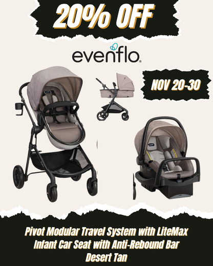 EVENFLO Pivot Modular Travel System with LiteMax Infant Car Seat with Anti-Rebound Bar (DESERT TAN)
