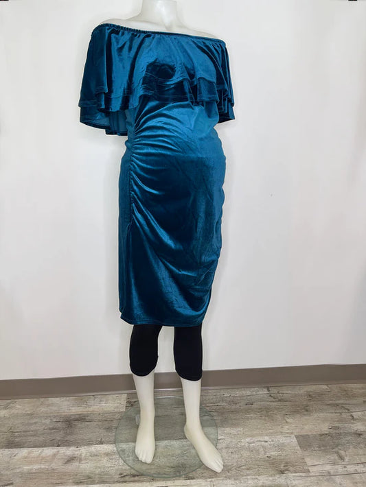 Bump Shoot Rental Dress - Teal Velvet Off Shoulder Fitted Maternity