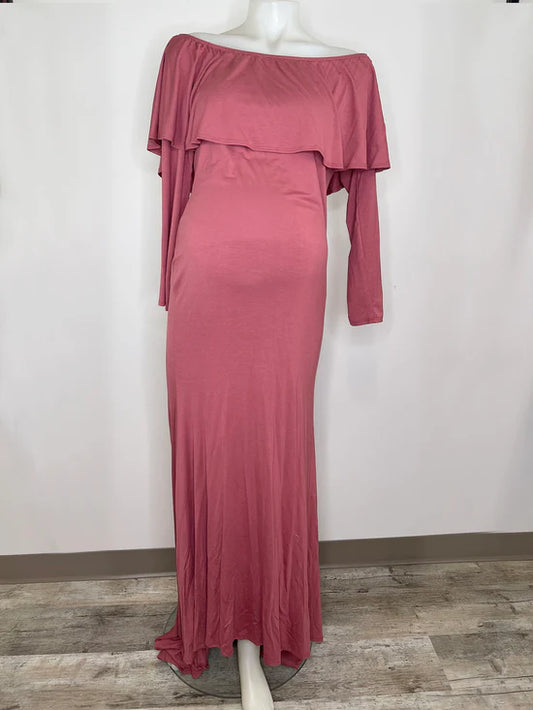 Bump Shoot Rental Dress - Dark Mauve Off Shoulder Ruffle Maternity Photoshoot Gown