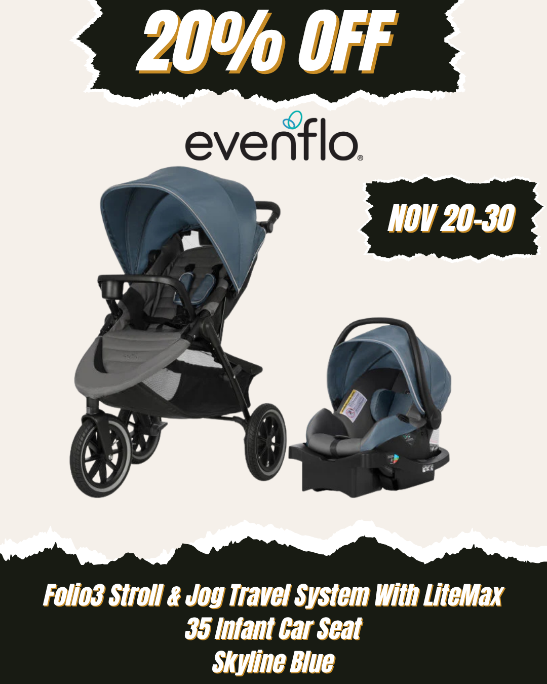 Evenflo - Folio3 Stroll & Jog Travel System With LiteMax 35 Infant Car Seat Skyline Blue