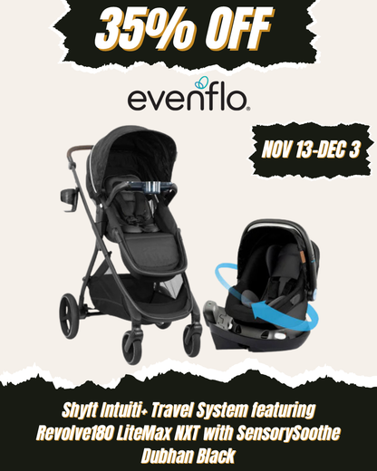 Evenflo Shyft Intuiti+ Travel System featuring Revolve180 LiteMax NXT with SensorySoothe (Dubhan Black)