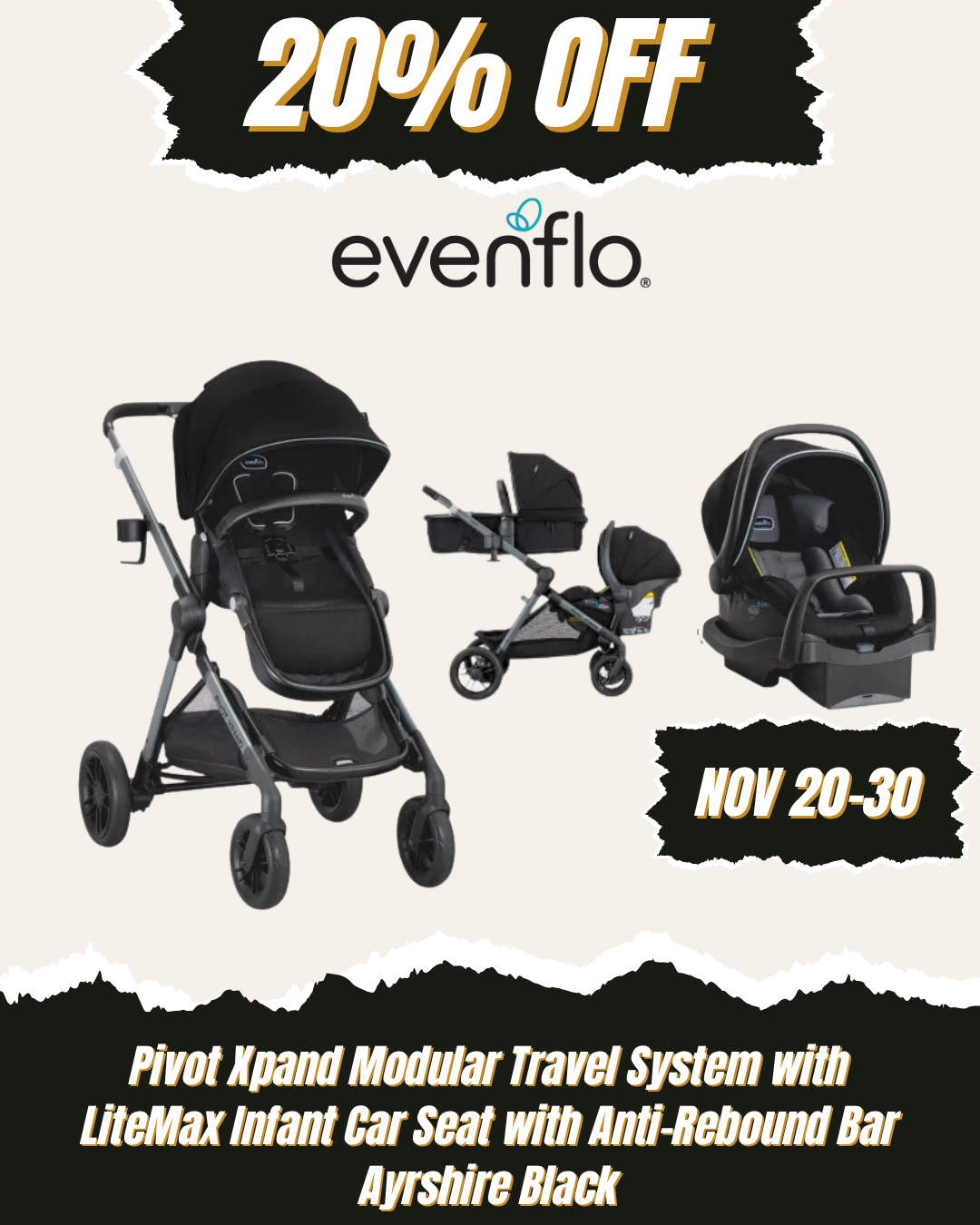 EVENFLO Pivot Xpand Modular Travel System with LiteMax Infant Car Seat with Anti-Rebound Bar (Ayrshire Black)