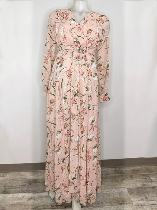 Bump Shoot Rental Dress - Light Pink Floral Maternity Long Sleeve Maxi