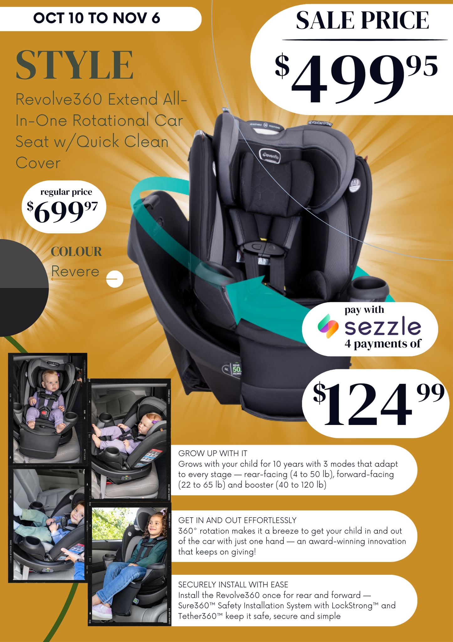 💥 ON SALE NOW 💥 Evenflo Revolve360 Extend All-in-One Rotational Car Seat with Quick Clean Cover **REVERE GRAY**