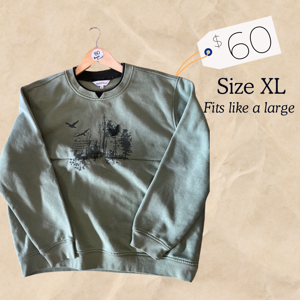 Sage Green Graphic Crew - The Boob Crew - Upcycled Nursing Sweat Shirt