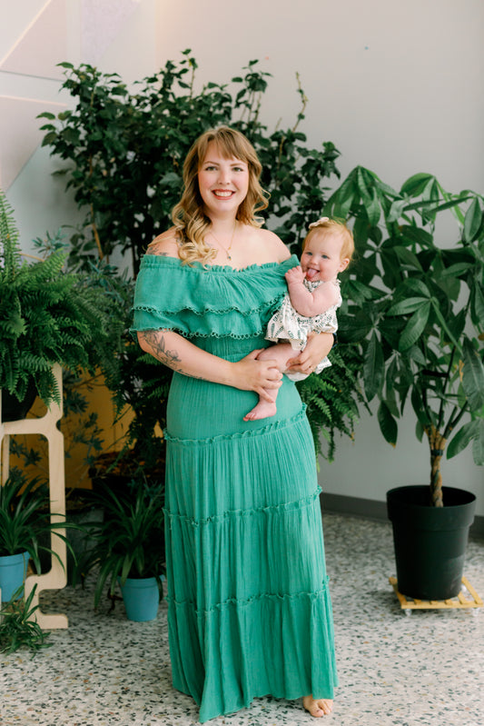 L - Green Off Shoulder Eyelet Maxi Dress - RENTAL DRESS