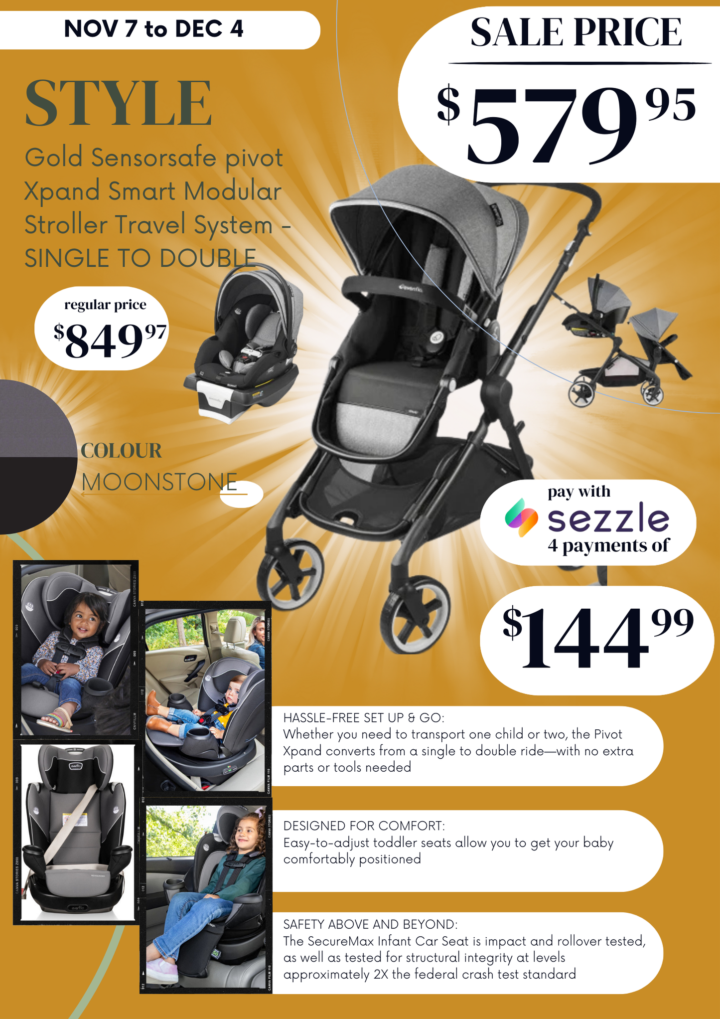 💥 ON SALE NOW 💥 GOLD SENSORSAFE PIVOT XPAND SMART MODULAR TRAVEL SYSTEM - SINGLE TO DOUBLE - MOONSTONE