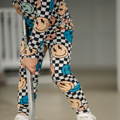 Pip + Phee - 2 Piece Bamboo Sets | LE Prints #4: Teal-smiley / 5T / Long Sleeves/Long Pants