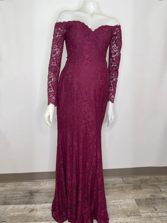 Bump Shoot Rental Dress - Burgundy Lace Off Shoulder Long Sleeve Maternity Maxi