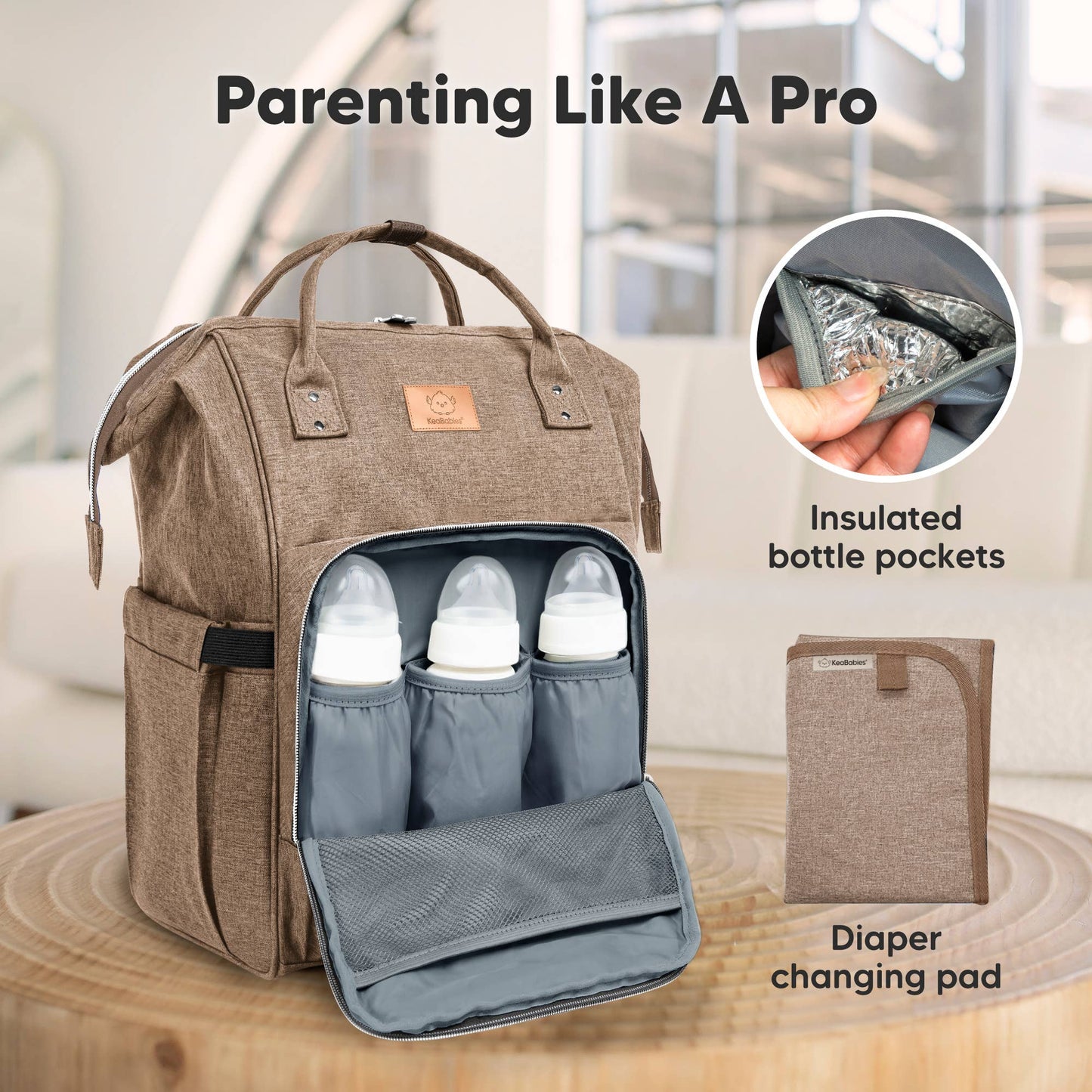 KeaBabies - Original Diaper Bag Backpack, Baby Bags with Changing Pad: Coffee Brown