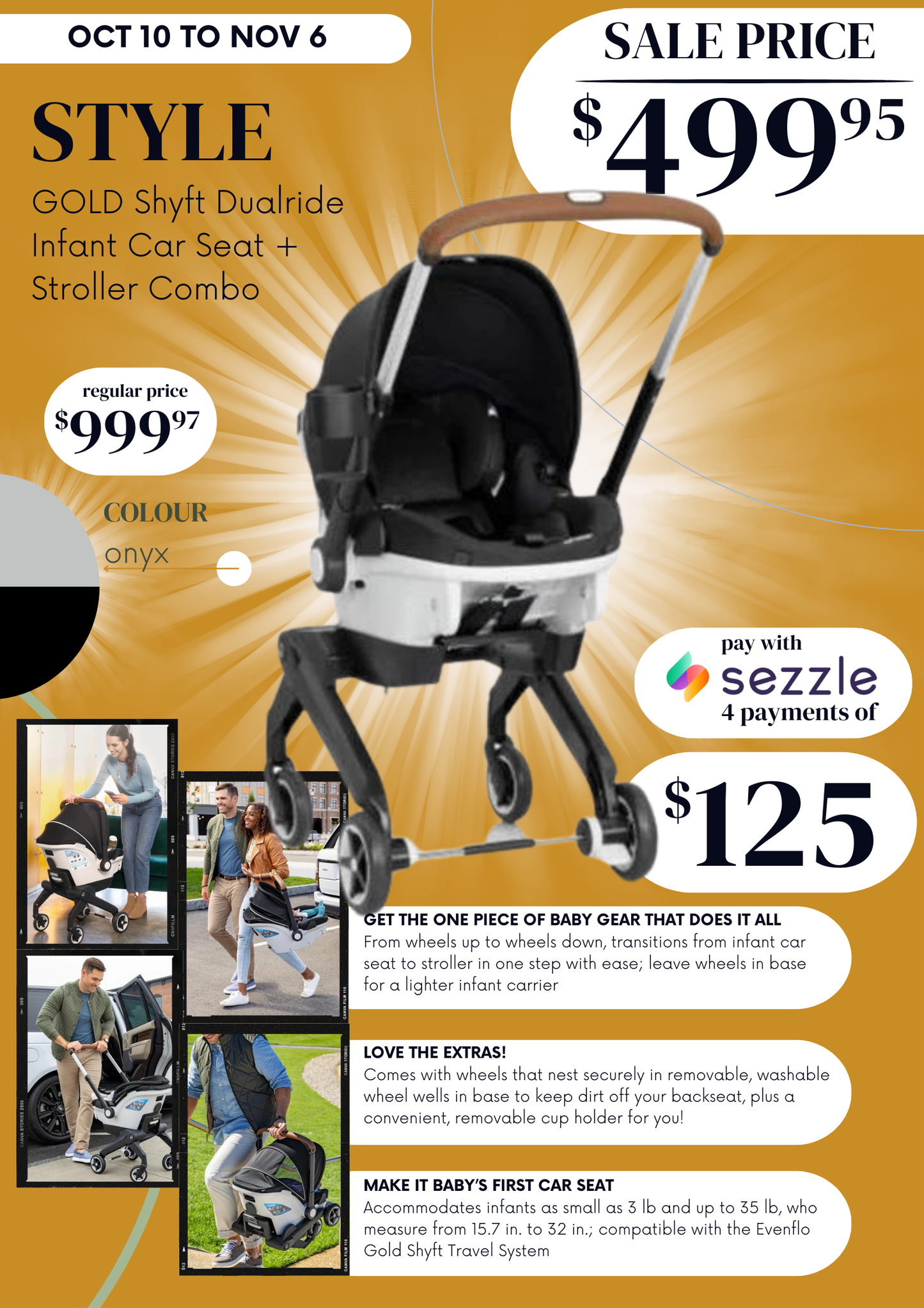 💥 ON SALE NOW 💥 Evenflo - Gold Shyft DualRide with Carryall Storage Infant Car Seat and Stroller Combo (Onyx Black)