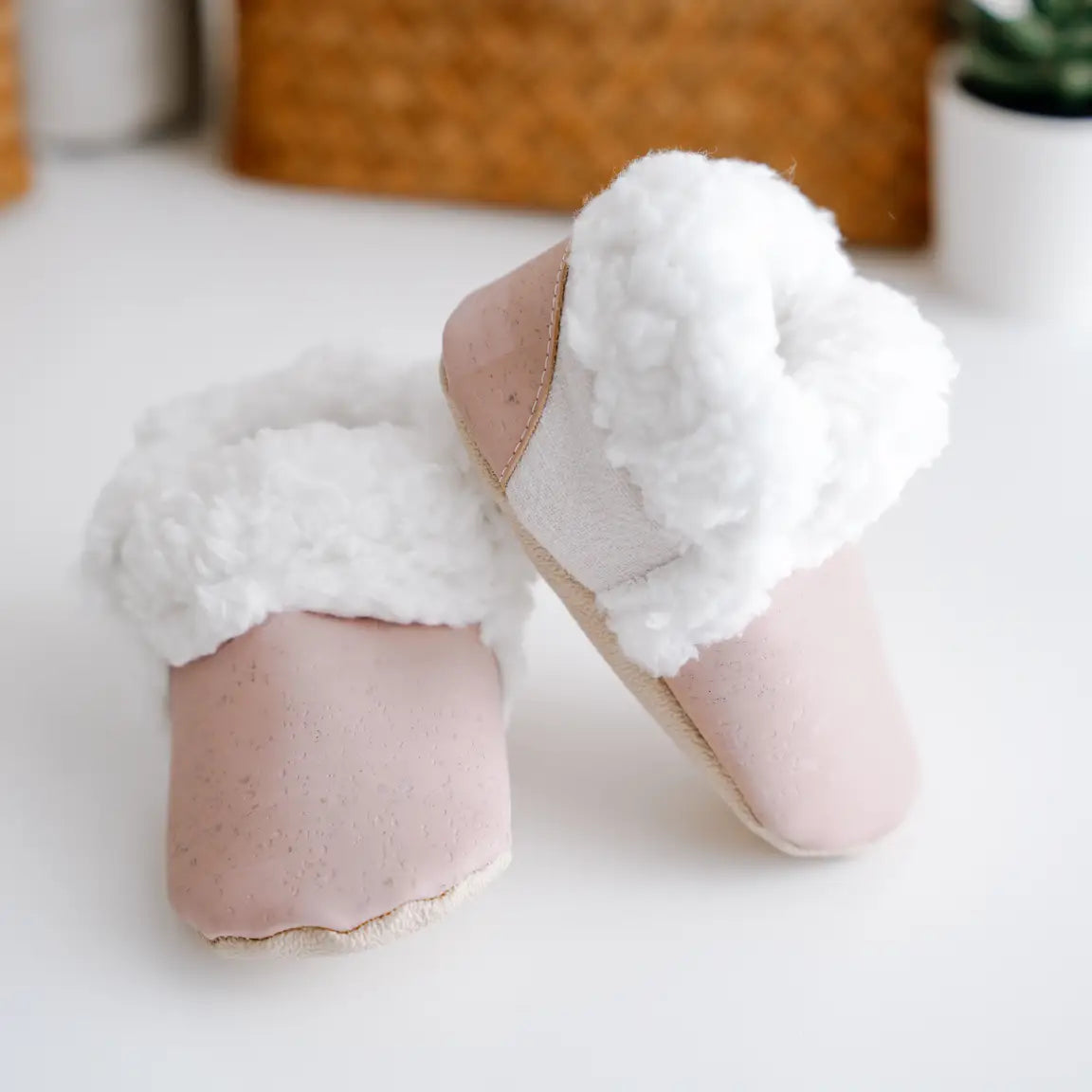 Eco Friendly Faux Fur Cork booties- Light Pink (7196842557618)